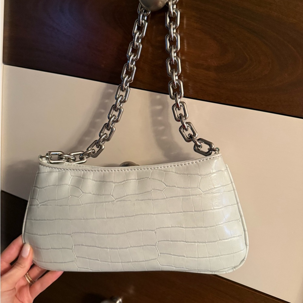 Light Blue Croc-Embossed Chain Shoulder Bag